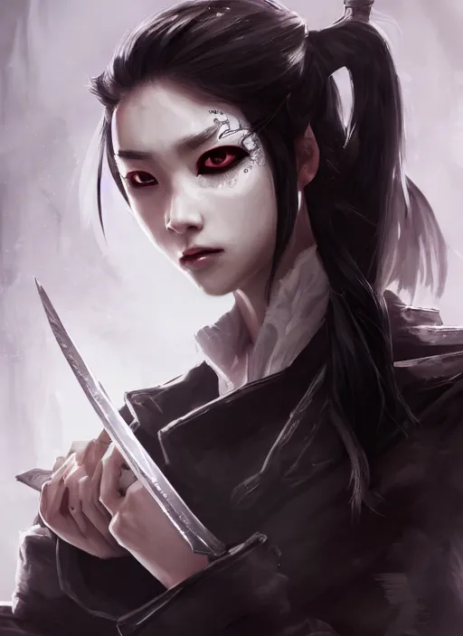 Image similar to a highly detailed illustration of fierce messy ponytail black haired one eyed japanese delinquent woman wearing long white delinquent coat and wearing eyepatch, dramatic wielding paper sword pose, intricate, elegant, highly detailed, centered, digital painting, artstation, concept art, smooth, sharp focus, league of legends concept art, wlop.