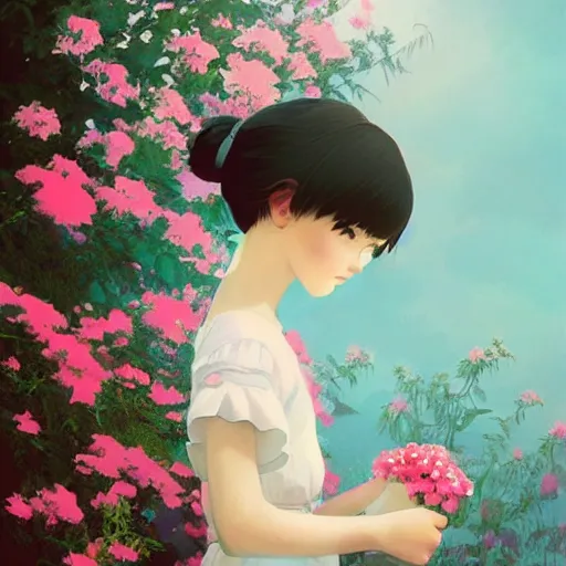 Prompt: little girl with flowers in hair wearing an white dress, art by ilya kuvshinov,