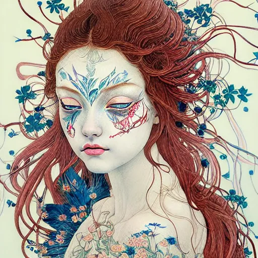 Image similar to prompt: beautiful girl in lake with light up face painted in Botticelli style drawn by Vania Zouravliov and Takato Yamamoto, nymph in the water, small flowers around and on the side, intricate oil painting, high detail, Neo-expressionism, post-modern gouache marks on the side, gnarly details soft light, white background, intricate detail, intricate ink painting detail, sharp high detail, manga and anime 2000