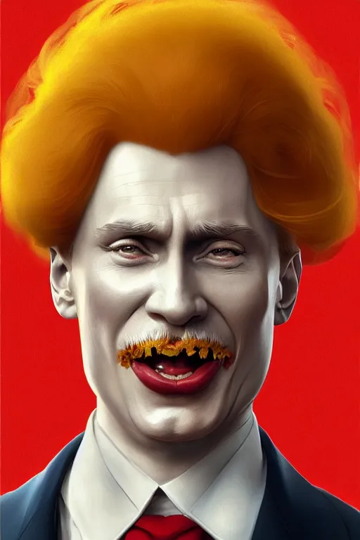 Image similar to vladimir putin as ronald mcdonald, 2 d portrait, symmetrical, highly detailed, digital painting, artstation, concept art, smooth, sharp focus, illustration, cinematic lighting, art by artgerm and greg rutkowski and alphonse mucha