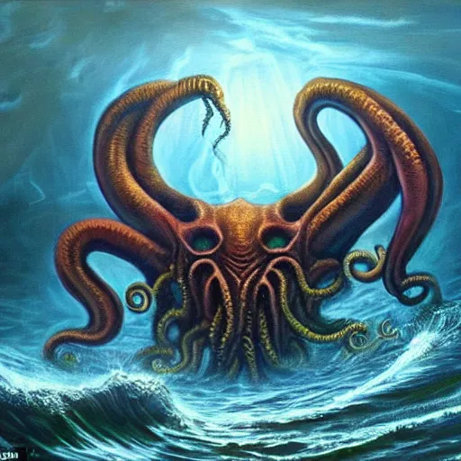 Prompt: hyperealistic painting of cthulhu is fighting many gods in a ocean that is in space, and cthulhu is wreaking havoc and causing the structure of the ocean to collapse