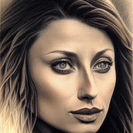 Image similar to pencil art, detailed portrait of aly michalka, intricate, hyper detailed, realistic, oil painting, by julie bell, frank frazetta, cinematic lighting