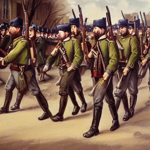 Image similar to painting of Irish rebel soldiers marching down a street in Dublin holding rifles, 4K detail