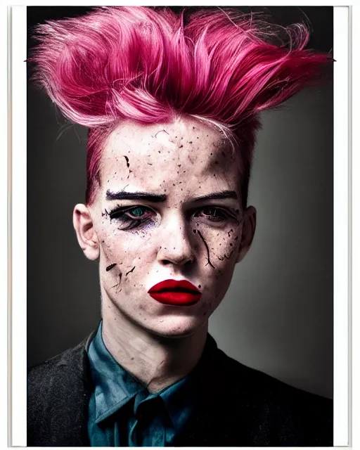 Image similar to !dream Portrait of an androgynous man, close-up, high sharpness, zeiss lens, fashion photo shoot, flowers, pink hair, freckles, Red lipstick, on metal background, Annie Leibovitz and Steve McCurry, David Lazar, Jimmy Nelsson, artistic, hyper-realistic, beautiful face, octane rendering