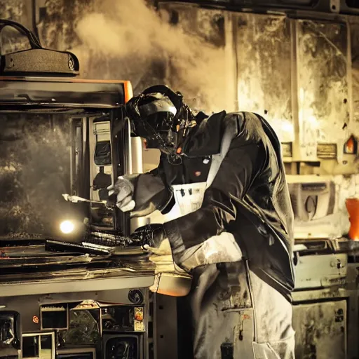 Image similar to technician repairing head of toaster oven mecha, dark messy smoke - filled cluttered workshop, dark, dramatic lighting, orange tint, cinematic, highly detailed, sci - fi, futuristic, movie still