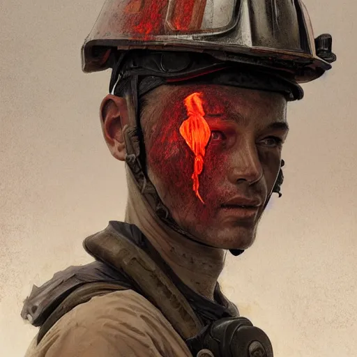 Image similar to portrait of a hero firefighter, bruised, covered in dirt, confident and proud, dramatic, intricate, headshot, highly detailed, digital painting, artstation, concept art, sharp focus, cinematic lighting, illustration, art by artgerm and greg rutkowski, alphonse mucha, cgsociety