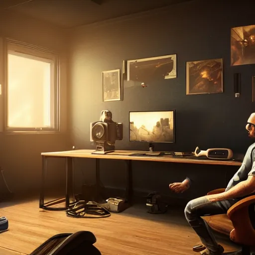 Image similar to realistic man using pc in gaming room, artstation trends, sci fi concept art, highly detailed, intricate, sharp focus, digital art, 8 k