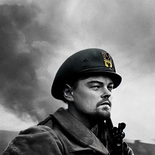 Prompt: leonardo dicaprio as a us ww 2 soldier during the battle of the rhine, cinematic lighting photorealistic highly detailed