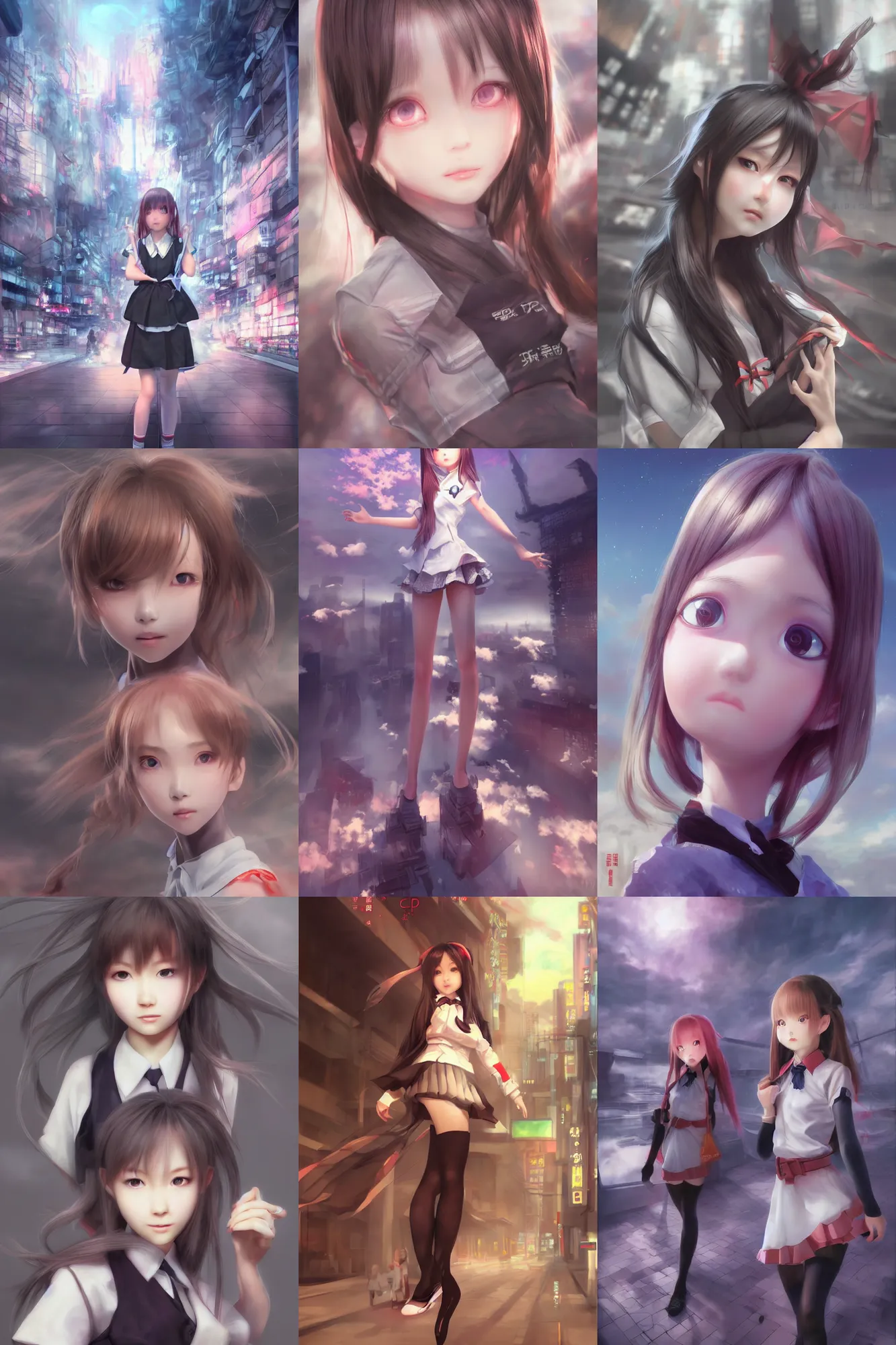 Prompt: 3d dark infrared octane render concept art by D. Jun, by Mo Xiang Tong Xiu, by Igarashi Daisuke, beauty anime schoolgirls with cute detailed face in Japanese school clothes. flying among japan street and futuristic buildings. cute face. dramatic light, trending on artstation, oil painting. pastel tones