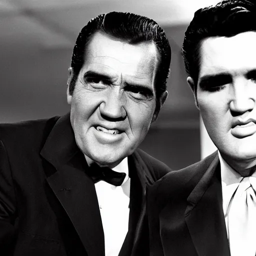 Image similar to an award winning photograph of Richard Nixon and Elvis Presley fighting crime, 70\'s TV show