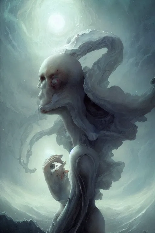 Image similar to a humanoid creature with pale white skin. the creature is bald. it is wearing a black flowing cloak that looks like mist. it is crafting an landscape in the astral plane. cosmic horror. art by peter mohrbacher and gaston bussiere.