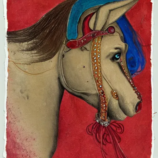 Image similar to The mixed mediart shows the heroine riding on a magnificent red horse. She is clad in a traditional Russian folk costume, complete with a brightly-colored headscarf. Her face is pale and beautiful, with a look of resolve in her eyes. Behind her, the horse's hooves churn up the earth as they gallop across the countryside. In the distance, the dark forest looms, its trees reaching up into the sky. scientific diagram by Jack Davis, by Zinaida Serebriakova amorphous