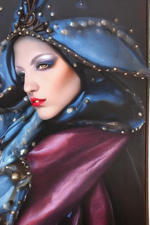 Image similar to hyperrealism oil painting, close - up portrait of european medieval brunette vampire fashion model, knight, steel gradient mixed with nebula sky, in style of baroque