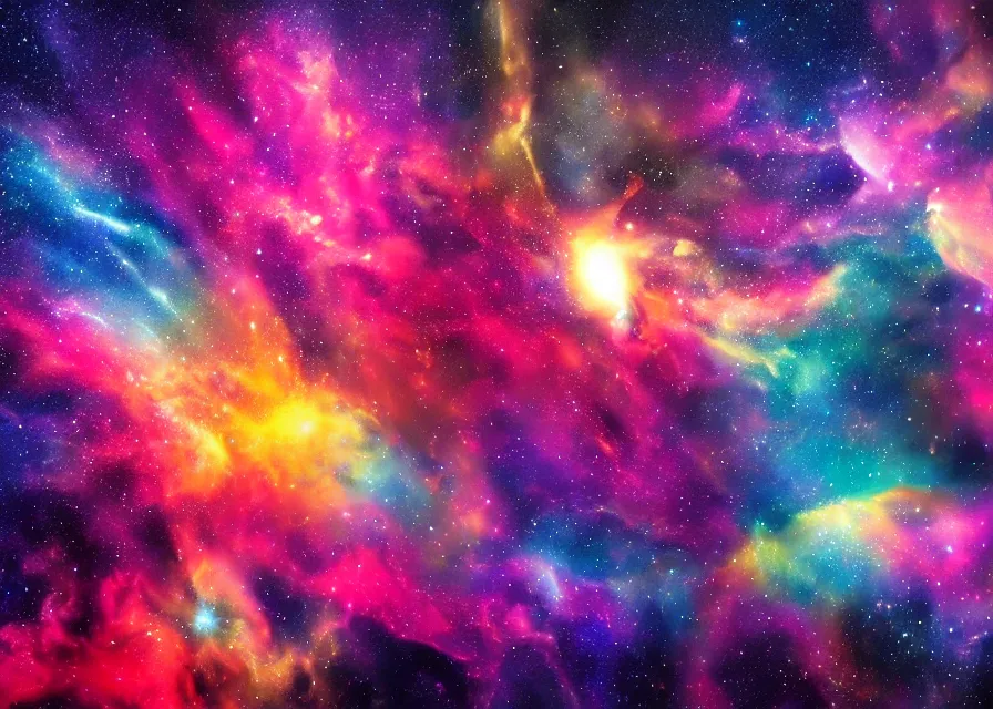 Image similar to spaceship flying over huge and colorful nebula, spray paint