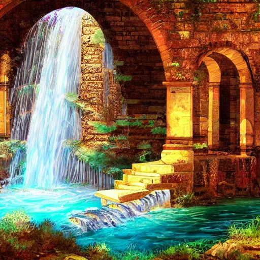 Image similar to ancient ottoman structure and waterfalls, epic retrowave art, trending on art station