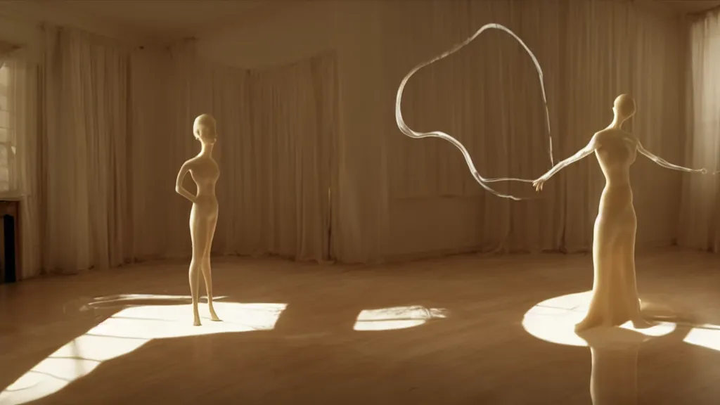 Image similar to a woman made of wax and water floats through the living room, film still from the movie directed by Denis Villeneuve with art direction by Salvador Dalí, wide lens