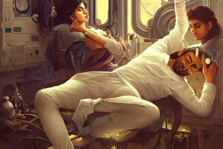 Image similar to Sensual good looking pale young Indian doctors wearing jeans asleep in a space station above Earth performing surgery, portrait, elegant, intricate, digital painting, artstation, concept art, smooth, sharp focus, illustration, art by artgerm and greg rutkowski and alphonse mucha