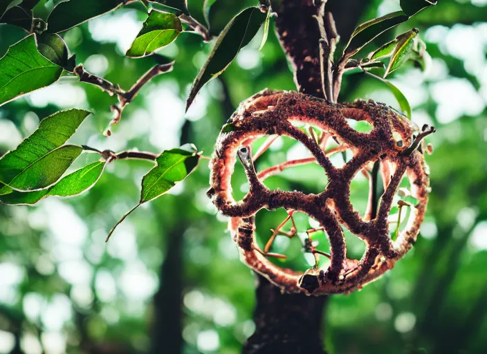 Prompt: 35mm photo of an intricate mechanical apple growing off a tree branch. Apple has transparent skin and all gears visible inside, very detailed, 8k, fantasy cyberpunk