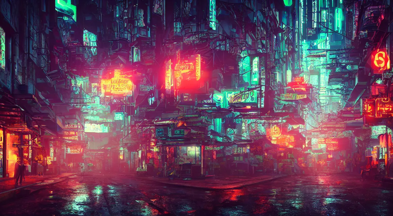 Image similar to Cyberpunk street at night, suns rays, rain, lush vegetation, junk everywhere, neon signs, magical atmosphere, mist, photo realistic, 35mm, octane render, 8k, guido borelli da caluso