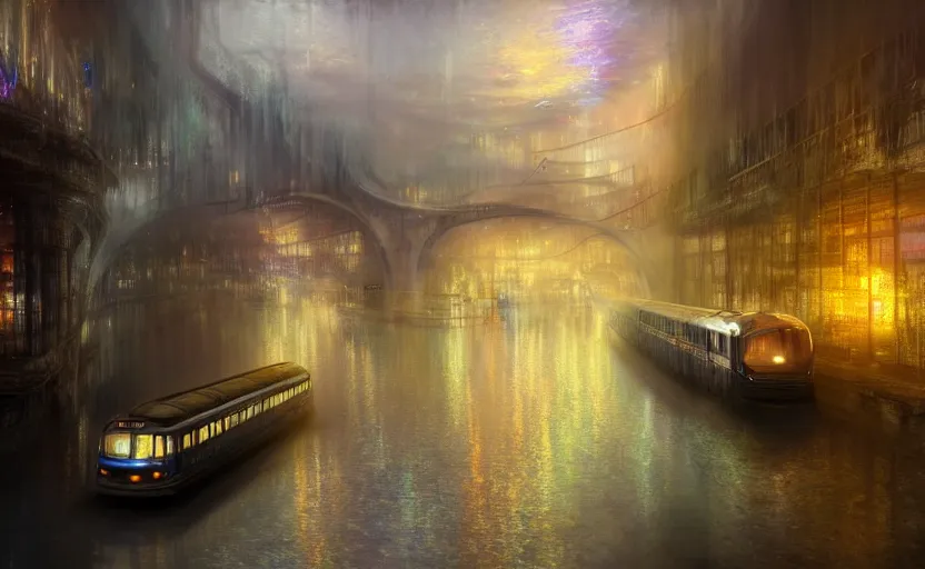 Image similar to an urban train rides inside of a waterway on a fantasy city. by artstation trending, by joseph mallord william turner, luis royo, konstantin razumov, cinematic lighting, fractal flame, highly detailed