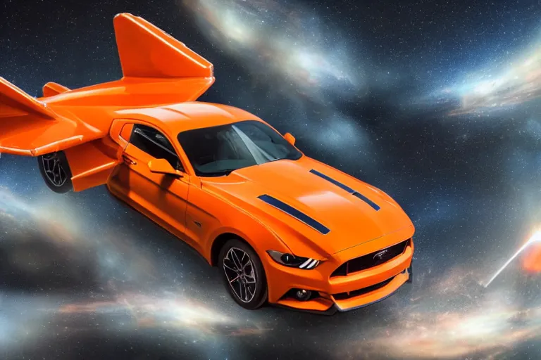 Prompt: a photo hyperrealistic spaceship flying in universe made out of bright orange Ford Mustang