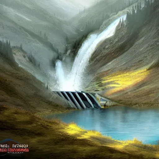 Image similar to A stone lake dam high in the mountains. The dam exploded in the middle creating a waterfall that overflows the river below. .Fantasy, concept art, sharp focus, artstation