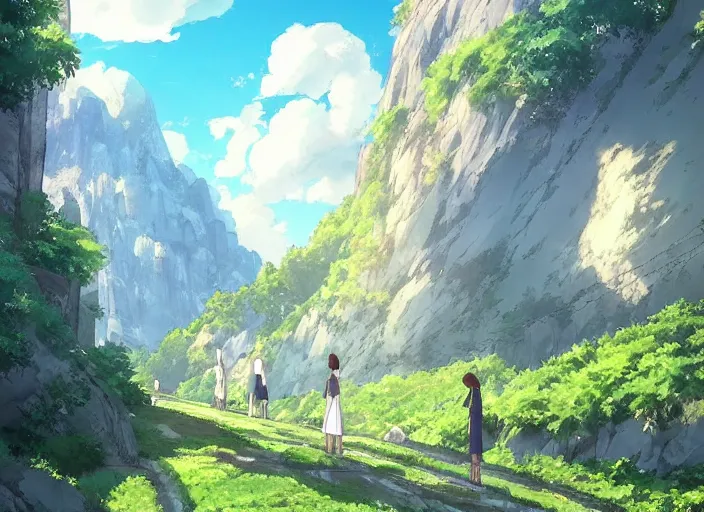 Image similar to A majestic cathedral in sunlight at the base of a mountain, peaceful and serene, incredible perspective, soft lighting, anime scenery by Makoto Shinkai and studio ghibli, very detailed