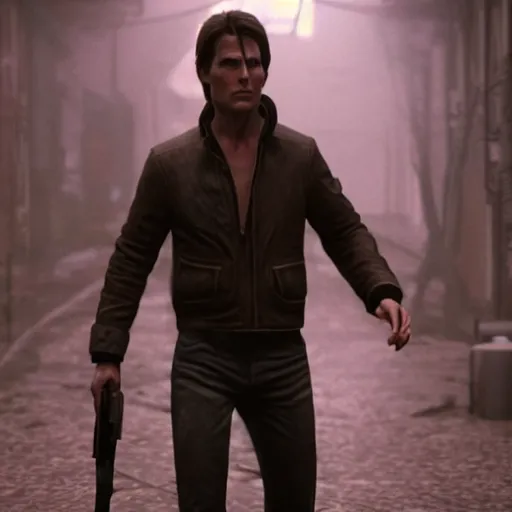 Prompt: a gaming screenshot still of tom cruise in silent hill, greg rutkowski, zabrocki, karlkka, jayison devadas, phuoc quan, trending on artstation, 8 k, ultra wide angle, video game graphics, realistic unreal engine 3 d game, zenith view, cyberpunk pincushion lens effect