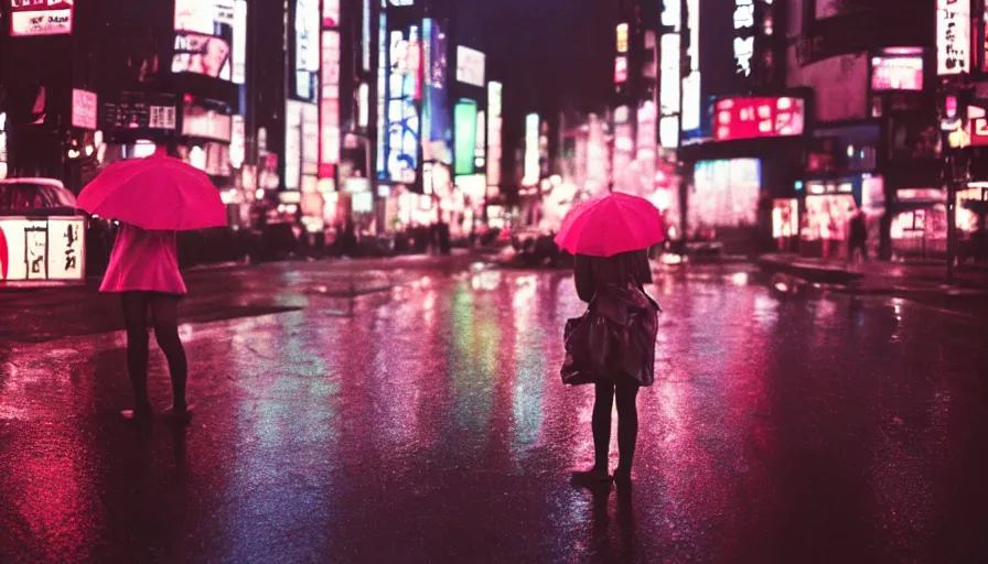 Image similar to street of shibuya photography, night, rain, mist, a girl with pink hair, cinestill 8 0 0 t, in the style of william eggleston