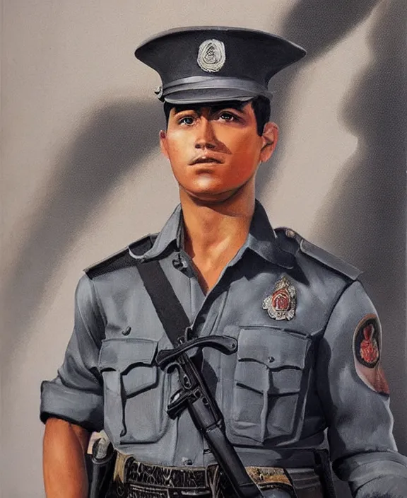 Image similar to portrait of a handsome young mexican policeman in guadalajara, art by denys tsiperko and manuel sanjulian and bogdan rezunenko, hyperrealism