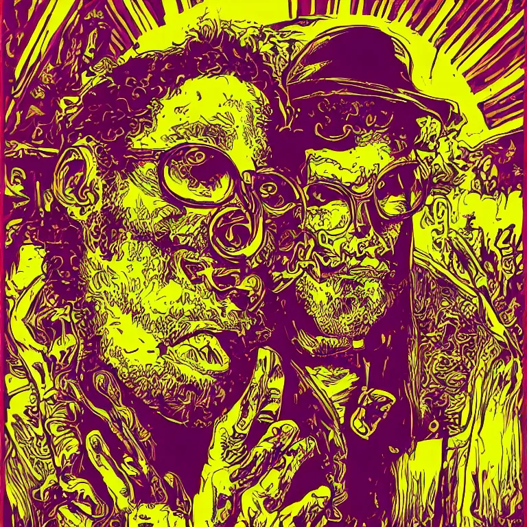 Image similar to beautiful colorful hyperrealist highly detailed psychedelic music poster'zombie seth rogen ', psychedelic art nouveau, beautiful high contrast colored wood engraving, moebius comic style, shocking detail trending on artstation 8 k