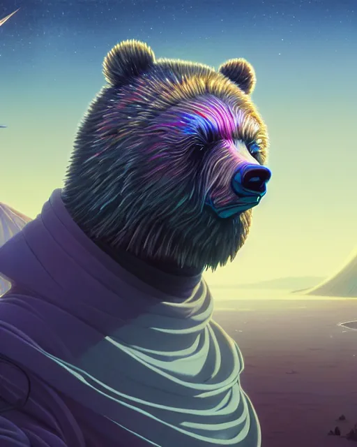 Image similar to highly detailed surreal vfx portrait of a metallic chromatic samurai bear in front of planets filled sky, stephen bliss, unreal engine, greg rutkowski, loish, rhads, beeple, makoto shinkai and lois van baarle, ilya kuvshinov, rossdraws, tom bagshaw, alphonse mucha, global illumination, detailed and intricate environment