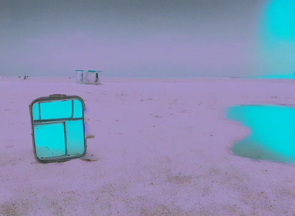 Image similar to a pastel coloured vintage family holiday photo of an empty beach from an alien dreamstate world with chalky pink iridescent!! sand, reflective lavender ocean water, dim bioluminescent plant life and an igloo shaped shiny plastic transparent restaurant next to a looking point. glare. refraction, volumetric light.