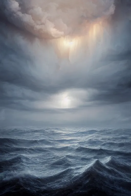 Prompt: a beautiful 3 d numerous gigantic golden halo orbiting glowing in cloud across the an ominous stormy ocean, in the thick fog, by stuart lippincott, volumetric lighting, dynamic lighting, dramatic lighting, high contrast, concept art, marble, religious, surrealism, catholicpunk, stark, trending on artstation