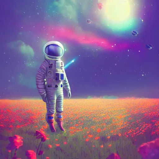 Prompt: an alien astronaut among a field of foreign flowers by rossdraws and beeple, cosmic nebulae, deviantart:4, bokeh, dark rainbow, cgsociety