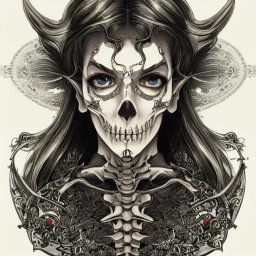 Image similar to anime manga skull profile young woman, skeleton, elf, galadriel, ethereal, unreal engine, intricate, elegant, highly detailed, digital art, art by JC Leyendecker and sachin teng