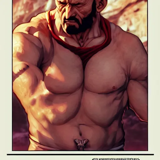 Image similar to mike ehrmantraut as sagat street fighter, jump punch, 4 k, ultra realistic, detailed focused art by artgerm and greg rutkowski and alphonse mucha