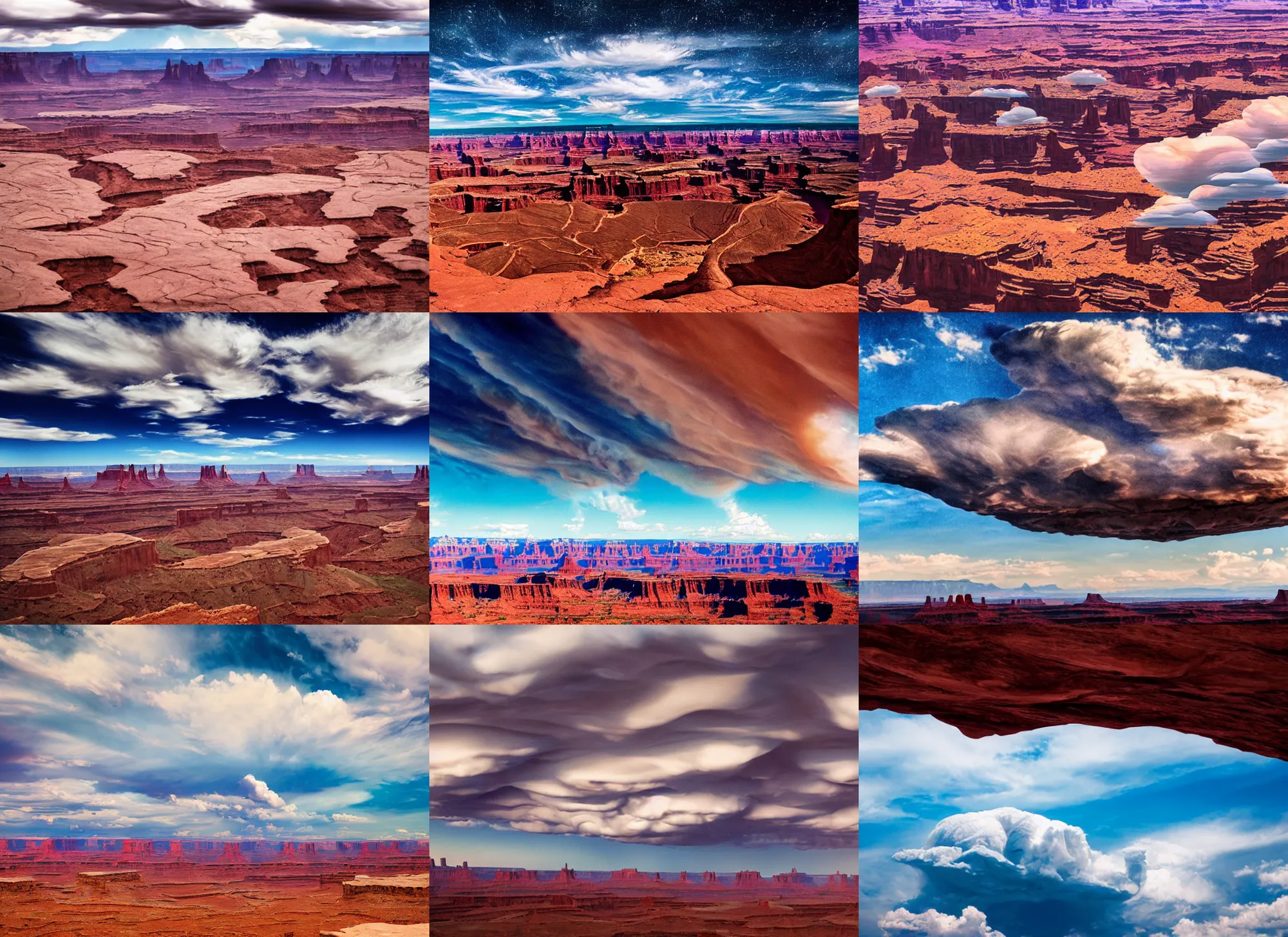 Prompt: clouds shaped like alien spaceships. over canyonlands. technicolor. cinematic