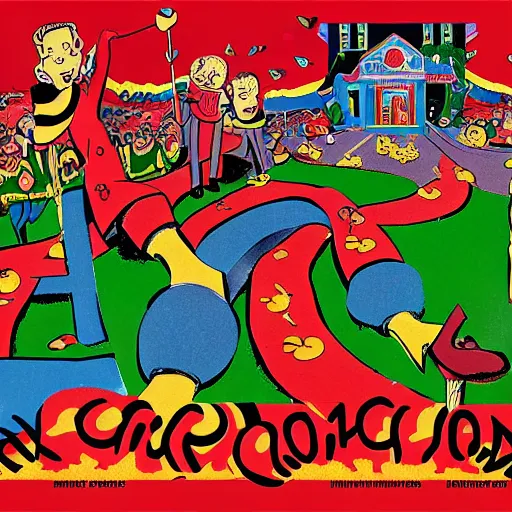 Prompt: a communist revolution in Candy Land, 1960s illustration, high quality, collage in the style of Klaus Voormann, album cover