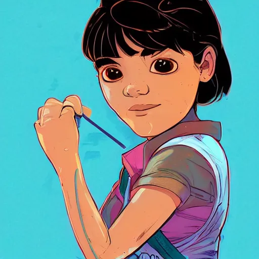 Image similar to a study of cell shaded portrait of Isabela Moner as dora the explorer, concept art, illustration, post grunge, concept art by josan gonzales and wlop, by james jean, Victo ngai, David Rubín, Mike Mignola, Laurie Greasley, highly detailed, sharp focus, alien, hard light, minimal color palette, Trending on Artstation, HQ, deviantart, art by artgem