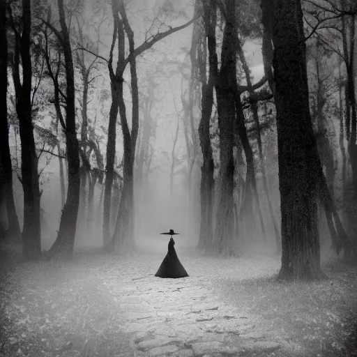 Image similar to a foggy white and black old photograph of a witch floating in the middle of wood, trees, dark, scary, detailed, fog, mist, blair witch project style