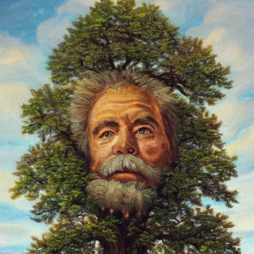 Prompt: A painting of an oak tree, with the face of an old bearded man, close up portrait of a human face in a tree