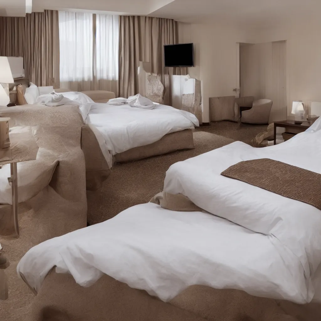 Image similar to an empty hotel bedroom with dull brown bedsheets and boring decorations