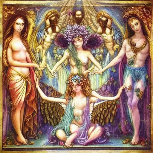 Prompt: my personal chaos magick pantheon comprises four deities of love: the melancholic rose dryad Compassion, the golden veiled idol Closeness, the ring-bearer Commitment and the winged cupid Affection