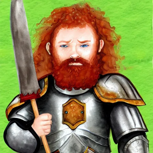 Prompt: water colour of a dwarven woman, ginger hair, green eyes, holding hammer and shield with plate armour