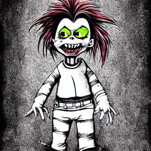 Image similar to grunge cartoon drawing of chucky by - dr seuss , loony toons style, horror themed, detailed, elegant, intricate