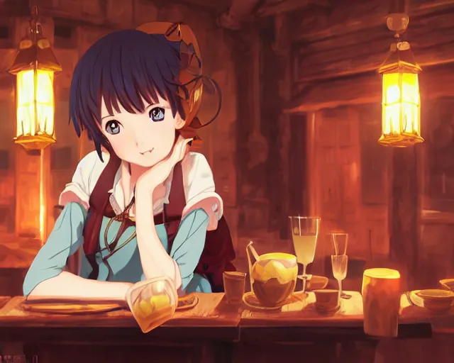 Prompt: anime visual, portrait of a young female traveler in a busy fantasy medieval tavern interior, cute face by yoh yoshinari, katsura masakazu, studio lighting, dynamic pose, dynamic perspective, strong silhouette, anime cels, ilya kuvshinov, cel shaded, crisp and sharp, rounded eyes