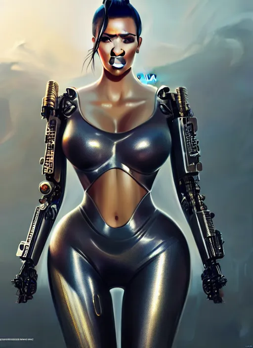 Prompt: kim kardashian as a weaponized cyborg, cyberpunk, intricate wirings, highly detailed, sci - fi, octane render, 8 k, sharp focus, smooth, beautiful and graceful, art by artgerm, greg rutkowski, tian zi, soey milk,