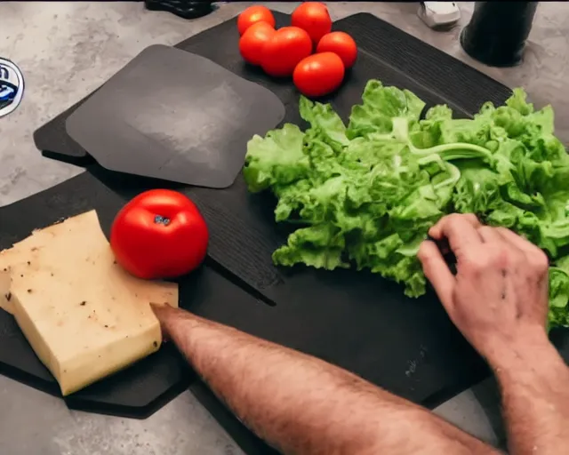 Prompt: 9 0 degrees fov, first person point of view of me chopping vegetables on a chopping board, gopro footage