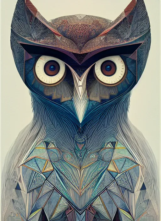 Image similar to portrait of a geometric owl, identical eyes, medium shot, illustration, full body made of white feathers, symmetrical, art stand, super detailed, cinematic lighting, and its detailed and intricate, gorgeous, by peter mohrbacher